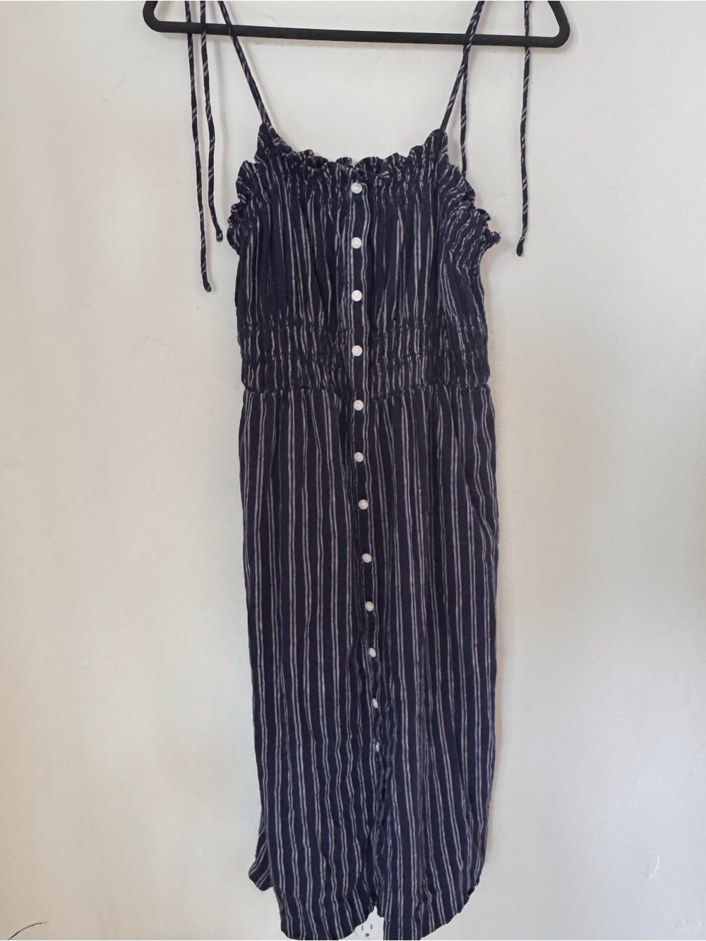 Striped Navy Tie-Shoulder Button-Front Midi Sundress Linen Blend Nautical XL